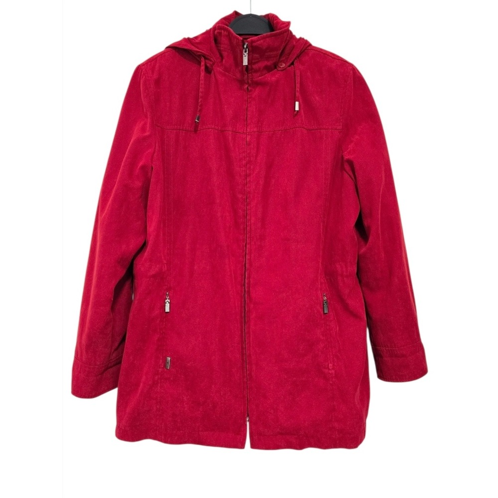 London Fog Jacket Women Large Red Faux Suede Hooded Zip Up Parka Outerwear